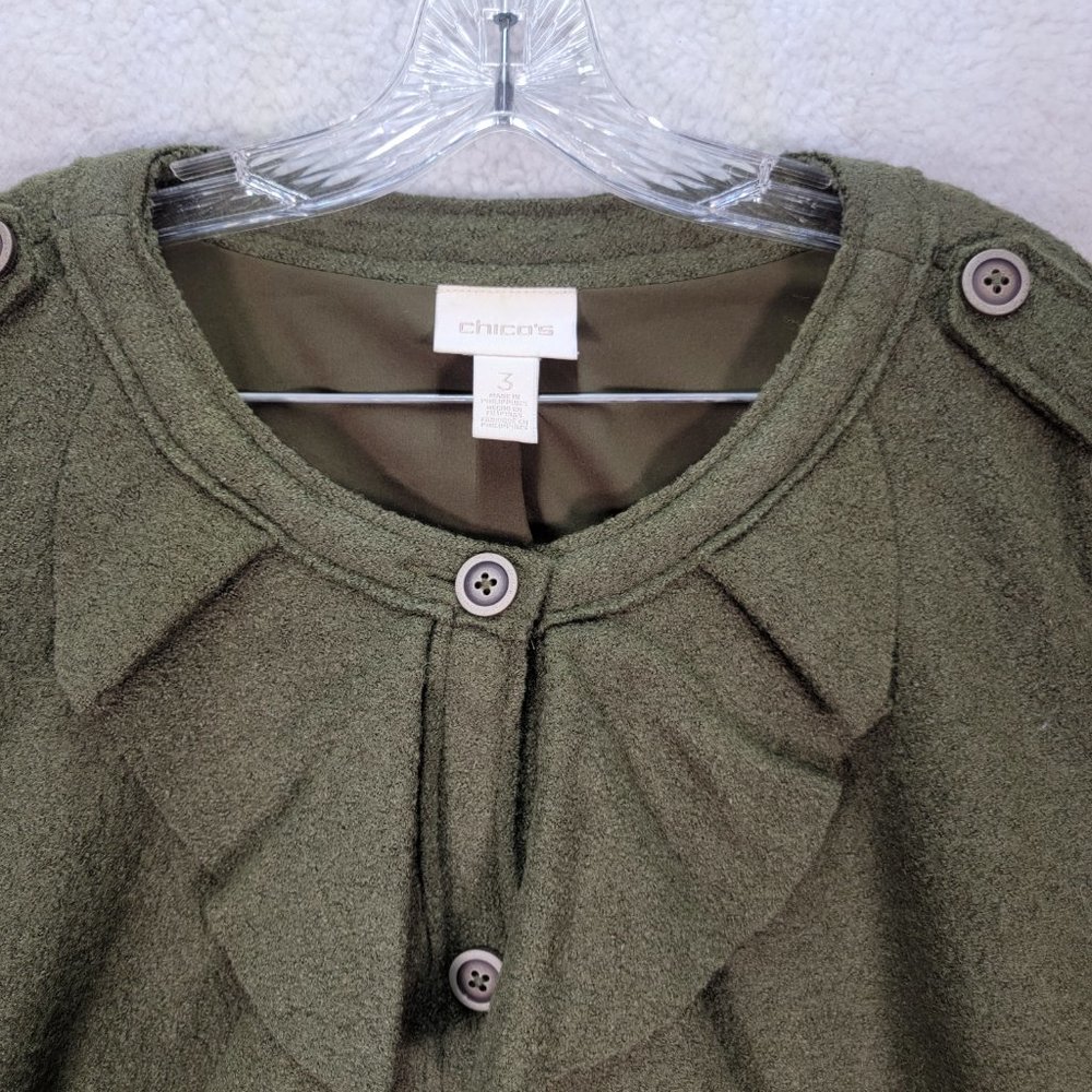 Y2K Chico's Green Wool Blend Ruffled Round Neck Button Up Maximalist Jacket Coat - Picture 2 of 15